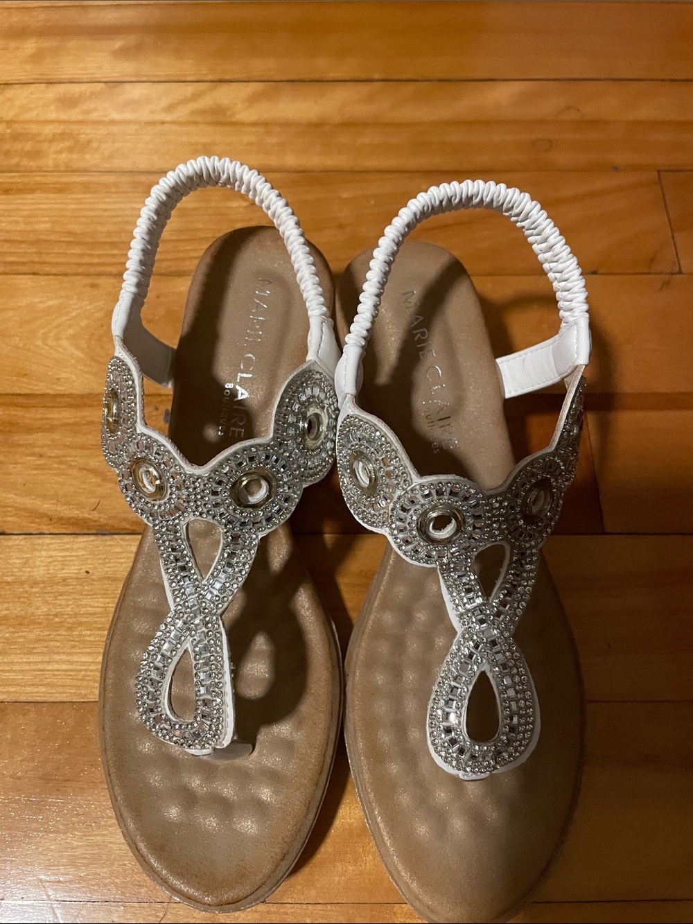 White T-Strap Slingback Sandals with rhinestones